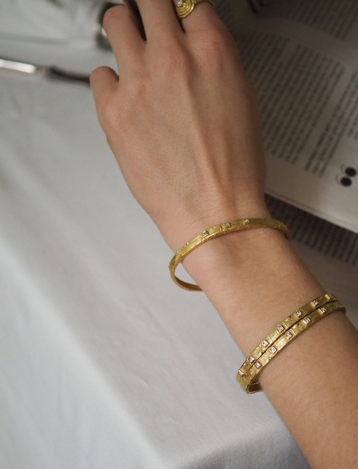 Deco Diamond Gold Bangles - On Model | Elhanati 