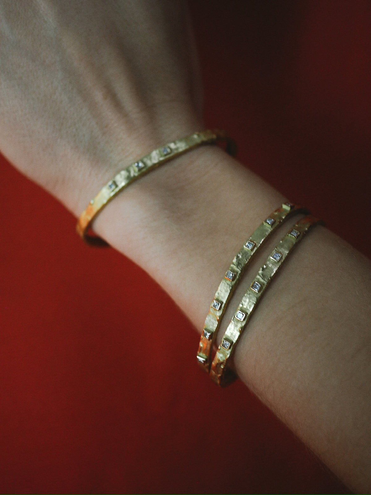 Deco Diamond Gold Bangles - On Model | Elhanati 