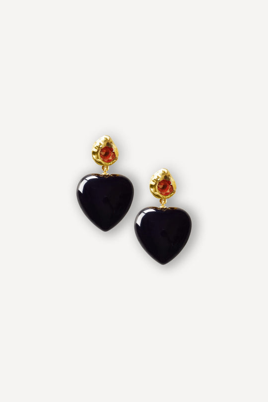 Black Orchid Dolce Vita Red Sapphire and Black Onyx Heart Gold Earrings [Pair]