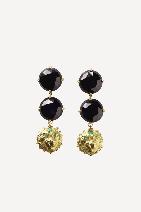 Star Sign Poetry Leo Lux Emerald and Onyx Gold Earrings [Pair]