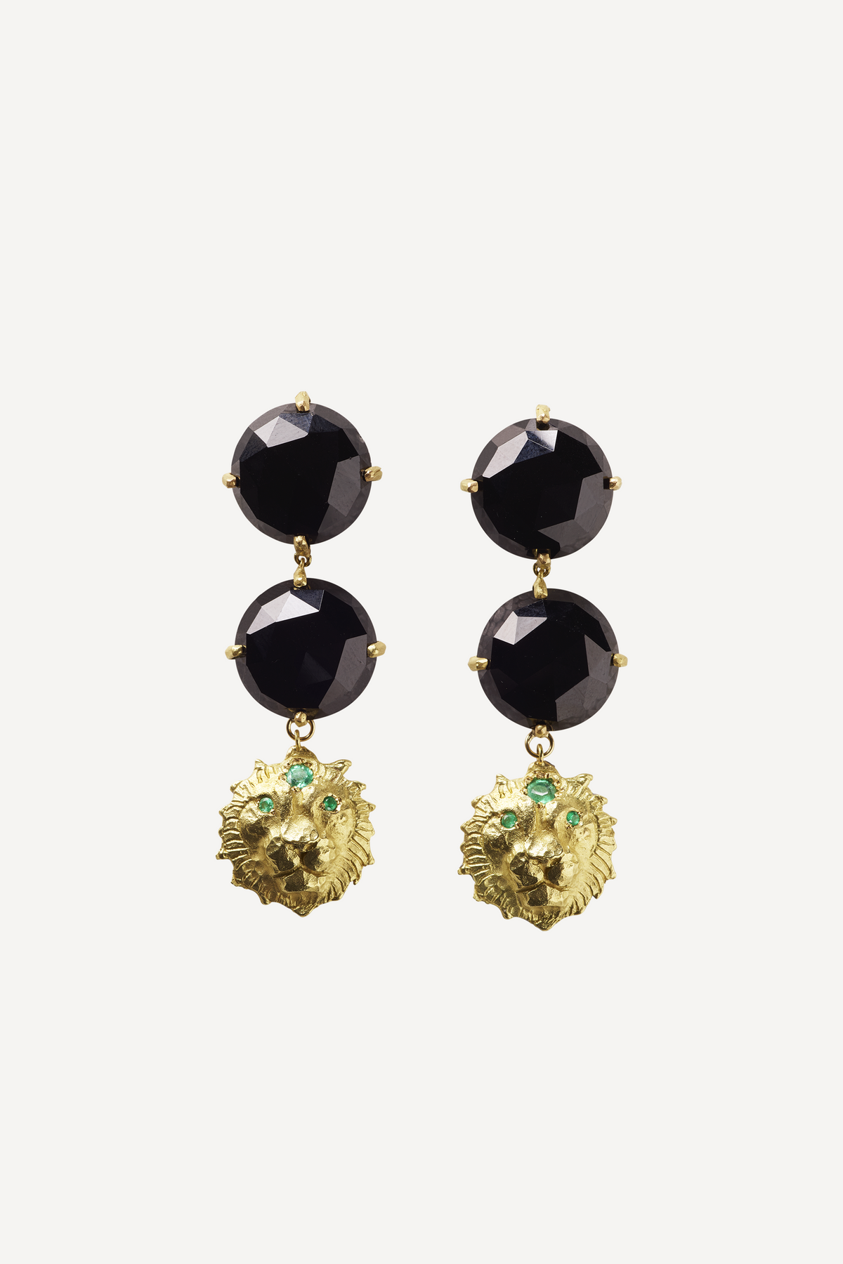Star Sign Poetry Leo Lux Emerald and Onyx Gold Earrings [Pair] - Front View | Elhanati 